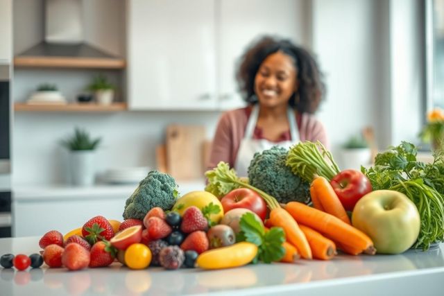 Fresh produce display in a bright kitchen. A smiling woman stands behind a vibrant assortment of fruits and vegetables including broccoli, carrots, berries, apples, and leafy greens. Healthy eating, food preparation, and wellness concepts are showcased.