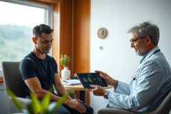 Doctor consults with a patient, reviewing data on a tablet. Healthcare professional examining a young man in a modern clinic setting. Focus on medical consultation and digital health technology.