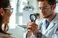 Doctor examining a patient with an otoscope in a clinical setting. Healthcare professional wearing a white coat, performing a routine check-up. Bright, clean environment.