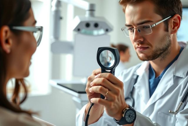 Doctor examining a patient with an otoscope in a clinical setting. Healthcare professional wearing a white coat, performing a routine check-up. Bright, clean environment.