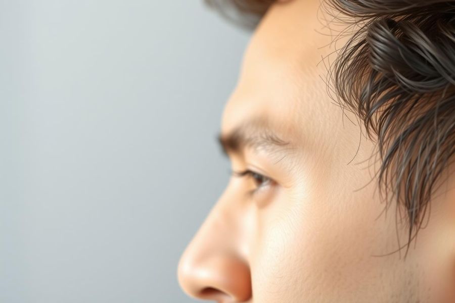 Close-up portrait of a person's face in profile. Focus on eye and nose. Natural lighting. Simple background. Minimalist portrait photography.