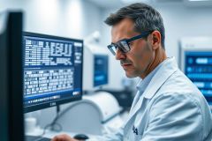 Scientist in a lab analyzing data on a computer monitor. He wears glasses and a white lab coat, focused on the screen displaying complex information. The modern laboratory environment features other equipment and a clean, bright aesthetic with cool blue and white tones. Represents scientific research, analysis, and technology.