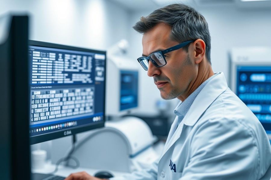 Scientist in a lab analyzing data on a computer monitor. He wears glasses and a white lab coat, focused on the screen displaying complex information. The modern laboratory environment features other equipment and a clean, bright aesthetic with cool blue and white tones. Represents scientific research, analysis, and technology.