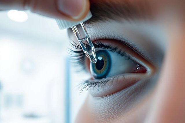 Close-up of eye receiving eye drops. Blue eye with detailed iris, held open by a hand with a dropper. Healthcare, eye care, and medical treatment imagery with a clean, clinical background.