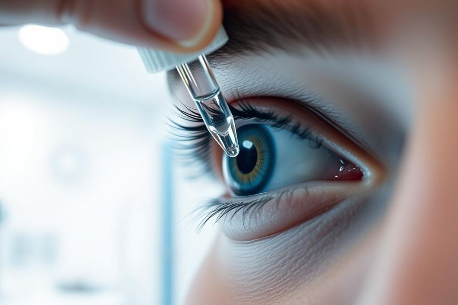 Close-up of eye receiving eye drops. Blue eye with detailed iris, held open by a hand with a dropper. Healthcare, eye care, and medical treatment imagery with a clean, clinical background.