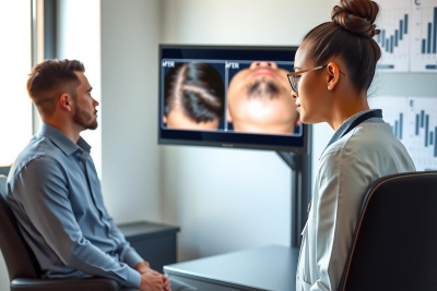 Doctor examining a patient during a consultation. The scene takes place in a modern clinic setting with medical equipment visible. Focus on healthcare, diagnostics, and patient care.
