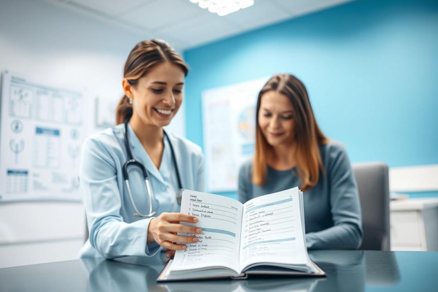 Doctor and patient in a modern clinic reviewing medical records. The scene features a female doctor in blue, smiling while pointing at an open binder. A patient sits attentively across a desk in a bright, blue-toned room. Healthcare, consultation, and medical examination themes are prominent.