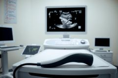 Ultrasound equipment in a medical setting. Black probe on a white machine with a screen displaying an image, likely a fetal scan. Clinical environment, healthcare technology.