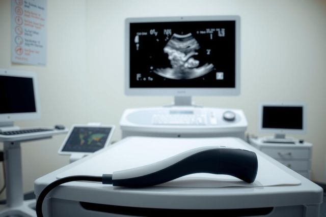 Ultrasound equipment in a medical setting. Black probe on a white machine with a screen displaying an image, likely a fetal scan. Clinical environment, healthcare technology.