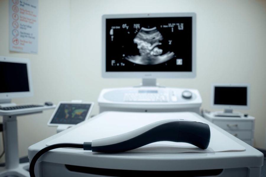 Ultrasound equipment in a medical setting. Black probe on a white machine with a screen displaying an image, likely a fetal scan. Clinical environment, healthcare technology.