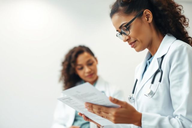 Two female doctors in white coats reviewing medical documents in a bright, modern office setting. Focus on a doctor with glasses examining paperwork, suggesting healthcare, patient care, and medical consultation. Professional medical imagery.