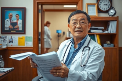 The image features a middle-aged Asian male in a professional setting, presumably an office. He is dressed in a medical coat and holding some papers, suggesting he might be a doctor or a healthcare professional. There are framed certificates on the wall indicating that this could be a place of academic or professional achievement, possibly a clinic or hospital.