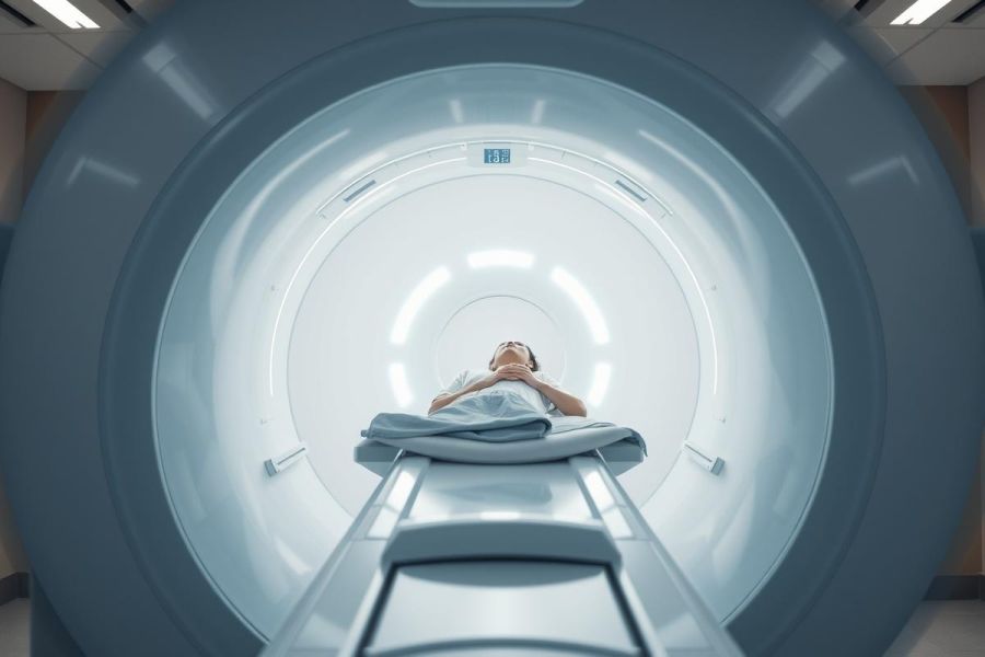 MRI scan interior. Patient lies within a modern, blue and silver medical imaging machine. Healthcare, diagnostic imaging, and medical technology concepts are depicted in this clinical setting.