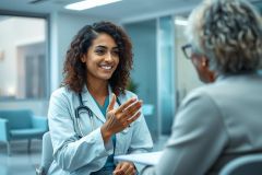 A smiling female doctor in a white coat and stethoscope consults with a patient in a modern, brightly lit medical office. Healthcare, patient care, doctor-patient communication, and medical consultation are key themes. Teal and gray tones dominate the scene.