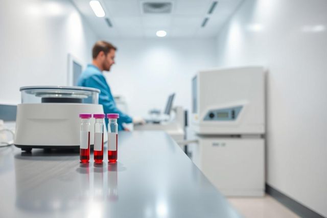 Laboratory scene with blood vials, centrifuge, and scientific equipment. A blurred researcher works in a modern, clean lab setting. Red and purple hues highlight the samples. Focus on medical research, diagnostics, and lab technology.