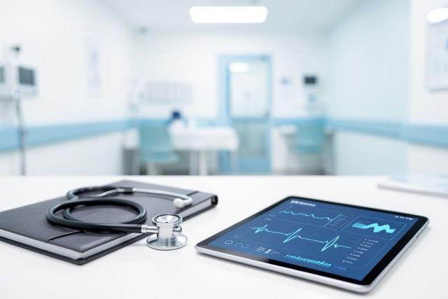 Medical technology in a clinical setting featuring a black stethoscope, a professional folder, and a digital tablet displaying blue vital sign ECG graphs. The bright, blurred hospital room background with light blue and white colors provides a professional healthcare and telemedicine context.