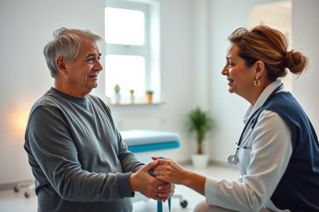 A doctor comforts a senior patient in a medical office. The image showcases healthcare, compassion, and patient care in a clinical setting. Warm tones and a focus on human connection are key elements.