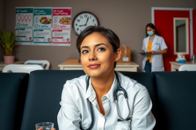 The image features a female doctor dressed in a white coat, sitting at a couch. She appears to be engaged in her work, possibly reviewing patient information or preparing for an appointment. The setting is an office environment, with a modern design and health-themed decor, including posters on the walls related to medical topics.