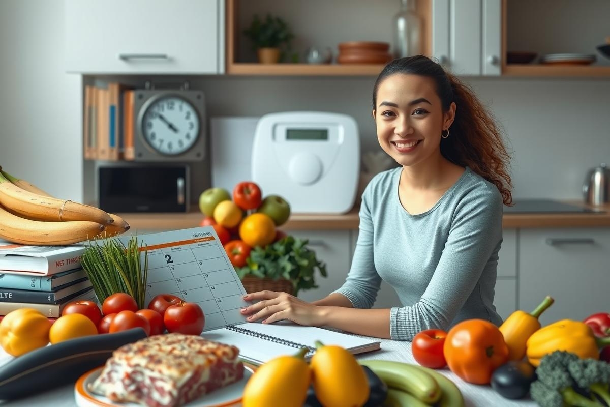 The image features a woman sitting at a kitchen counter with an array of fresh produce in front of her. She has a notebook and calendar in front of her and appears to be writing or reviewing notes about healthy eating habits. This setting suggests a focus on nutrition and meal planning in a home kitchen setting.