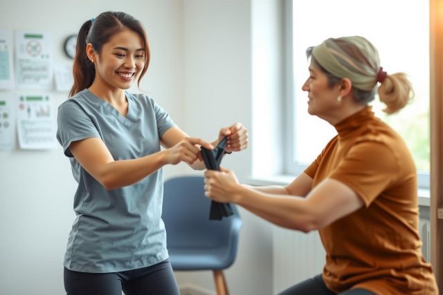 Woman handing a black mask to another person in a bright room. The scene features a warm color palette and a casual, friendly atmosphere, suggesting a healthcare or wellness setting.