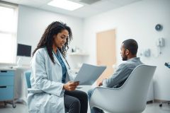 Doctor reviewing patient records during a consultation in a bright, modern medical office. A female physician in a lab coat discusses paperwork with a male patient. Healthcare, medical examination, and wellness themes are prominent in this clinical setting.