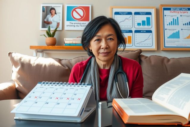 The image shows a woman sitting on a couch with several books and calendars open in front of her. She appears to be engaged in work or study, possibly related to academics or business. The room has a modern and tidy appearance with decorations that suggest a home office or study space.