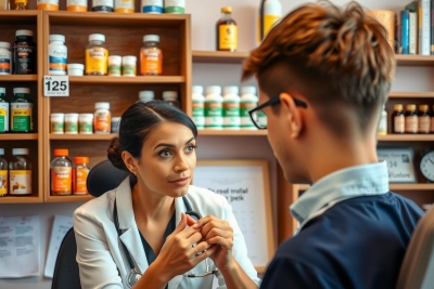 The image depicts an indoor setting, likely a pharmacy or clinic. A woman in a white lab coat stands behind the counter, attentively listening to a patient. The patient is seated on the other side of the counter with the woman's attention focused on them.
