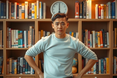The image shows a young man standing in what appears to be a library or study room. He is wearing a grey sweater and has his arms crossed, suggesting a relaxed but assertive posture. Behind him is a large bookshelf filled with books, indicating that this setting might be used for reading or researching.