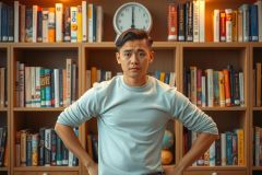 The image shows a young man standing in what appears to be a library or study room. He is wearing a grey sweater and has his arms crossed, suggesting a relaxed but assertive posture. Behind him is a large bookshelf filled with books, indicating that this setting might be used for reading or researching.
