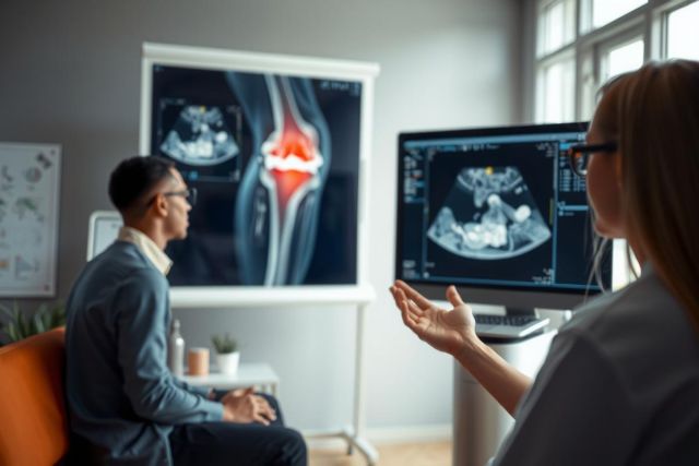 The image shows a medical setting where a woman in a white coat (presumably a doctor or technician) is examining a seated man.