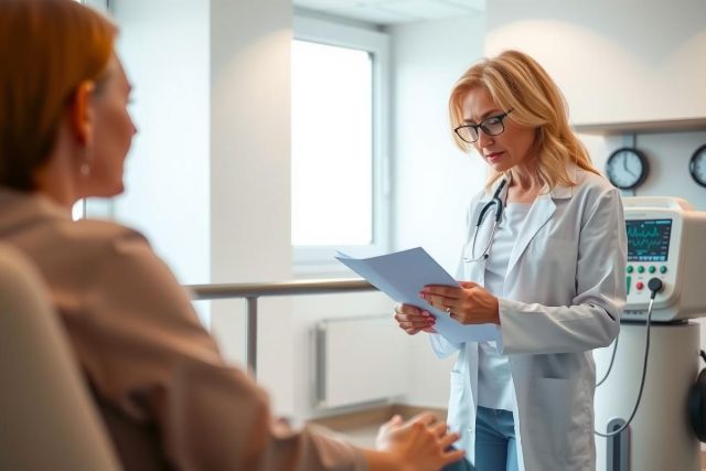 A female doctor in a white coat examines a patient in a clinic. Medical equipment is visible in the background. Healthcare setting, patient care, examination.