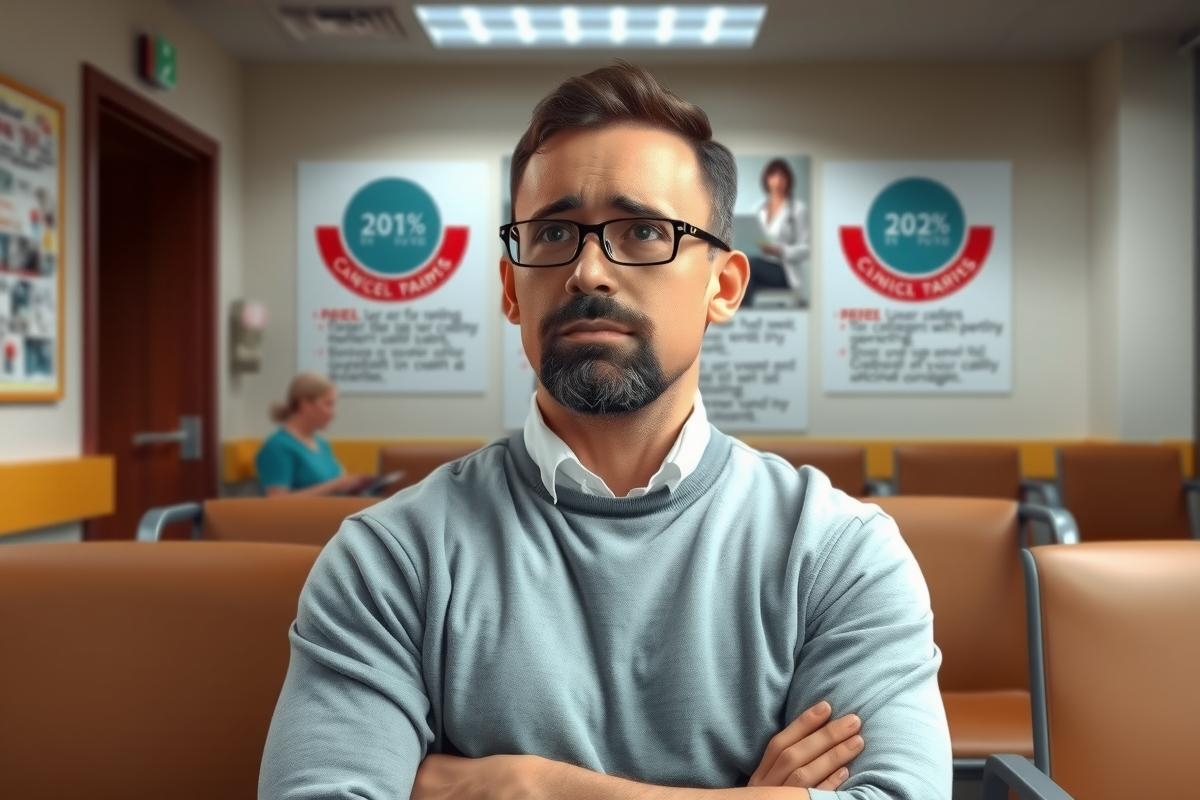 The image shows a man sitting alone in an office waiting area. He is dressed in business attire, wearing glasses and has a concerned facial expression as if he's waiting for someone or something important.