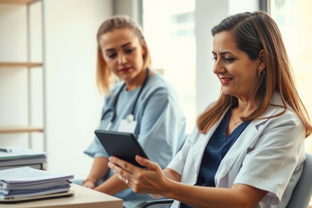 Female doctor in white coat using a tablet in a modern office setting. Healthcare professional reviewing patient data, showcasing digital technology in medicine. Blue scrubs and a focused expression.