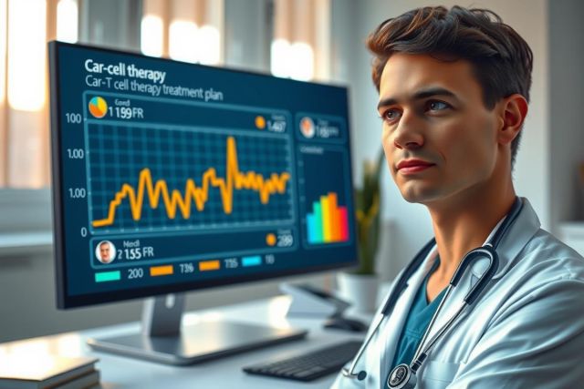 Doctor analyzing medical data on a computer screen. Healthcare professional in lab coat, focus on diagnostics and patient care. Blue and white color scheme.