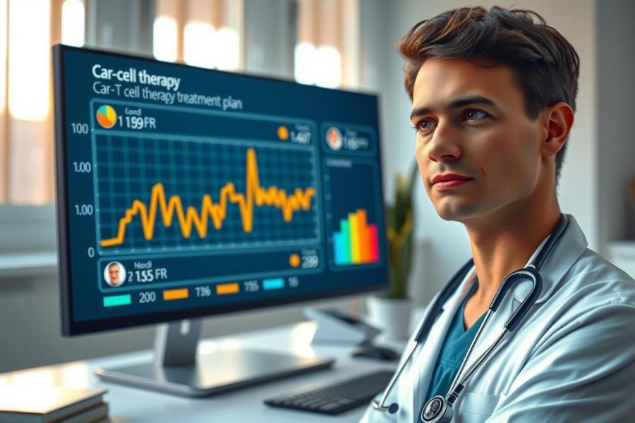 Doctor analyzing medical data on a computer screen. Healthcare professional in lab coat, focus on diagnostics and patient care. Blue and white color scheme.