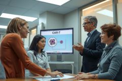 Medical professionals discuss data displayed on a screen, likely related to cell therapy or cancer treatment. The scene takes place in a modern office setting with a focus on healthcare and research.