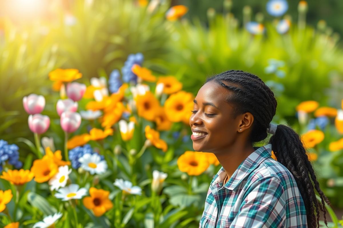 The image shows a young woman sitting in a sunlit garden filled with brightly colored flowers. She has her eyes closed and is smiling, appearing to be enjoying the peaceful atmosphere. The garden is vibrant with various flower types, including sunflowers, peonies, and poppies.
