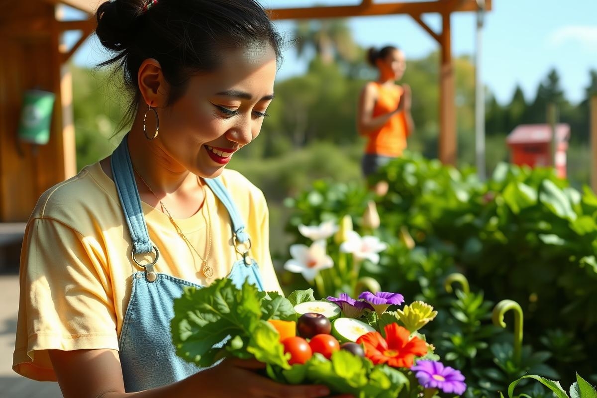 The image shows a smiling woman at a flower stand. She is holding a bouquet of colorful flowers, likely sold at the stand. Her uniform suggests she may be an employee or the vendor at this location. The setting appears to be outdoors during the daytime, with natural lighting and a clear sky.