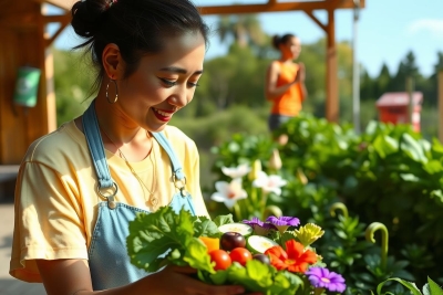 The image shows a smiling woman at a flower stand. She is holding a bouquet of colorful flowers, likely sold at the stand. Her uniform suggests she may be an employee or the vendor at this location. The setting appears to be outdoors during the daytime, with natural lighting and a clear sky.