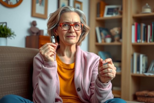 The image features a woman sitting on a couch indoors. She appears to be of European descent and is engaged in conversation, possibly with someone not visible in the frame. The woman has short gray hair and is wearing glasses. Her attire includes a pink top and an orange cardigan. 