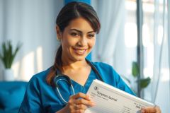 Healthcare professional in blue scrubs holding a patient chart. Medical setting with a blue background and plants. Focus on patient care and medical documentation.