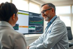 Doctor in white coat discussing with patient in office setting. Focus on healthcare consultation and medical professional interaction. Soft lighting, calm environment.