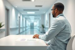 A professional man in a white coat and glasses sits at a white desk in a modern, bright hallway. He appears to be reviewing documents, suggesting a business or healthcare setting. The image conveys themes of professionalism, analysis, and office environments. Cool blue and white tones dominate the scene.