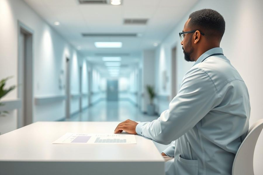 A professional man in a white coat and glasses sits at a white desk in a modern, bright hallway. He appears to be reviewing documents, suggesting a business or healthcare setting. The image conveys themes of professionalism, analysis, and office environments. Cool blue and white tones dominate the scene.