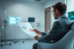 Man in suit reviewing a data chart in a modern hospital setting. Medical equipment and monitors visible in the background. Focus on analysis and healthcare data. Blue and gray tones dominate the scene.