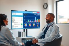 Doctor explaining medical data to a patient in a clinic setting. The image shows a friendly consultation with a focus on healthcare and patient care.