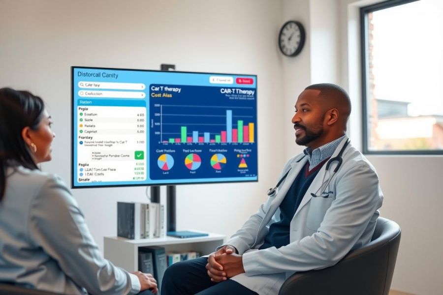 Doctor explaining medical data to a patient in a clinic setting. The image shows a friendly consultation with a focus on healthcare and patient care.