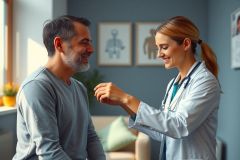 A healthcare professional examines a patient during a checkup. The scene takes place in a brightly lit medical office, featuring a warm color palette and a sense of care.