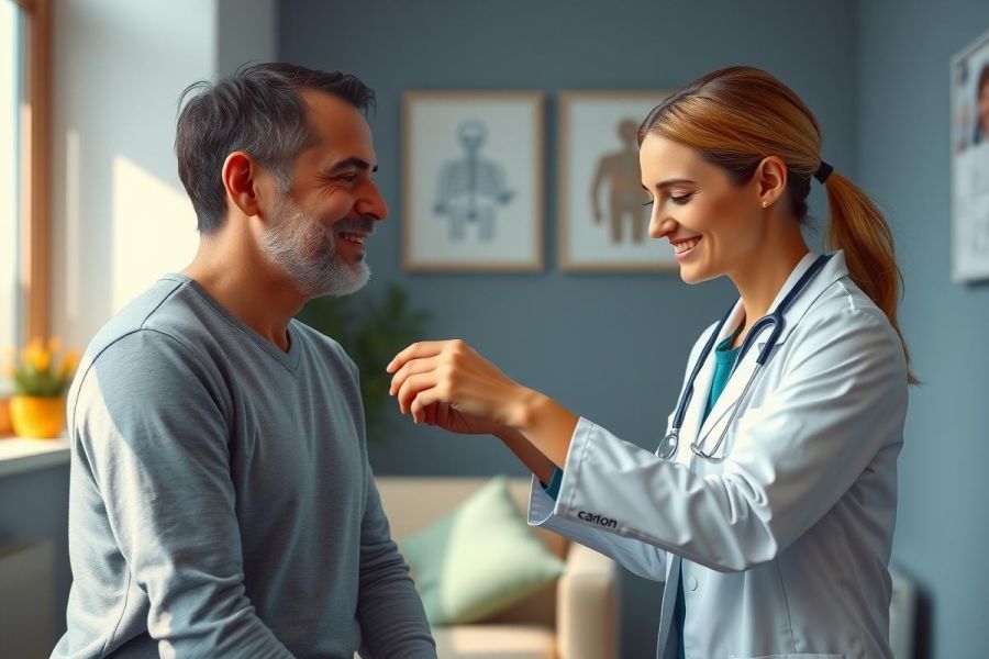A healthcare professional examines a patient during a checkup. The scene takes place in a brightly lit medical office, featuring a warm color palette and a sense of care.