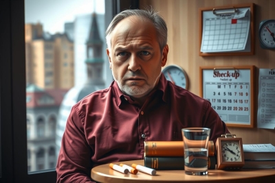 In this image, we see the acclaimed actor Christoph Waltz in a dramatic role. He is seated at a desk in what appears to be an office setting. Dressed in a red shirt and smoking a cigarette, he conveys a sense of intensity and contemplation.